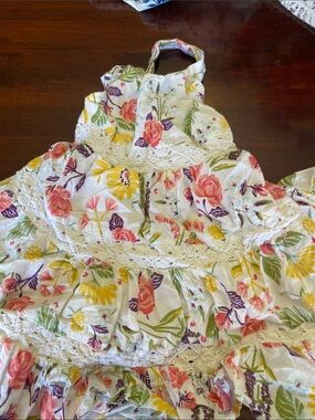 Artisan Ny White Floral Halter Ruffle Dress with Pink Yellow Green and Purple